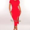 Red Ribbed Short Sleeve Gold Button Slit Dress