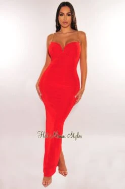 Red Shimmery Gold Chain Straps V Wired Back Slit Dress