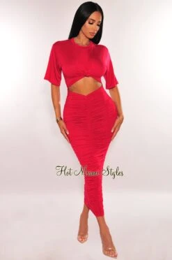 Red Short Sleeve Cut Out Ruched Maxi Dress