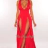 Red Sleeveless V Neck Double Slit Cover Up Maxi Dress