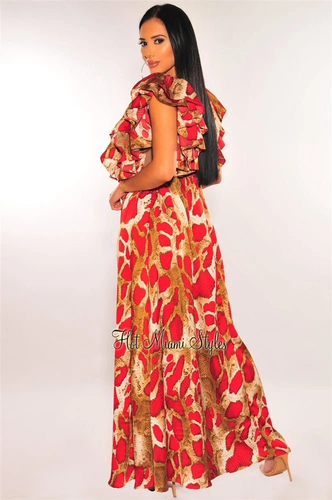 Red Snake Print Plunge V Neck Ruffle Sleeve Maxi Dress 2 Red Snake Print Plunge V Neck Ruffle Sleeve Maxi Dress - Image 2