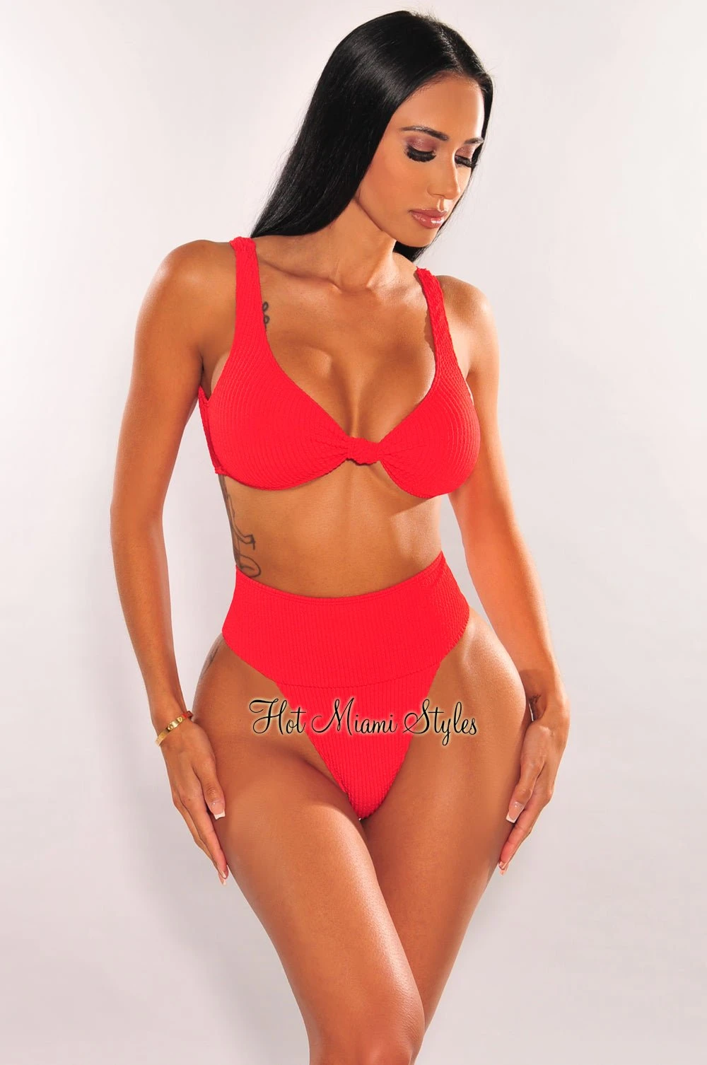 Red Textured Knotted High Rise Bikini 1 Red Textured Knotted High Rise Bikini