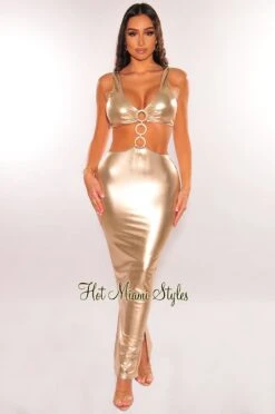 Rose Gold O-Ring Sleeveless Cut Out Double Slit Dress