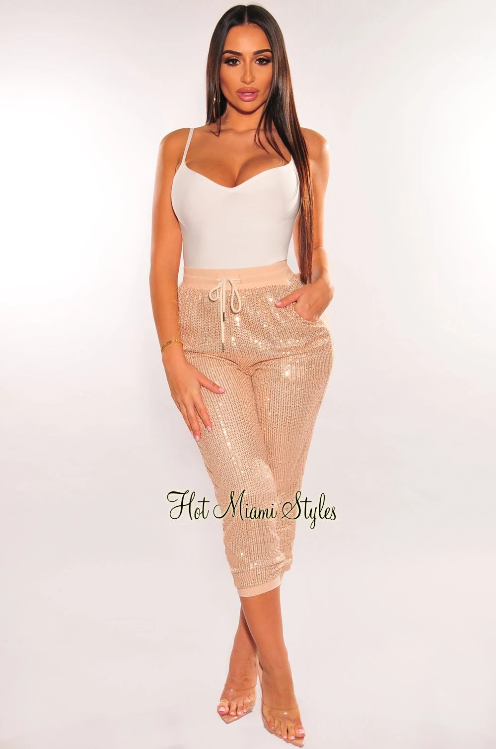 Rose Gold Sequins Drawstring Jogger Pants 1 Rose Gold Sequins Drawstring Jogger Pants