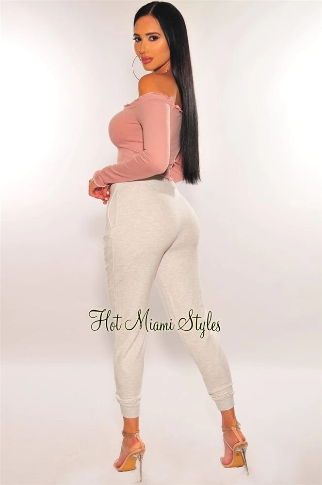 Rose Pink Off Shoulder Lettuce Trim Long Sleeves Crop Top 4 Rose Pink Off Shoulder Lettuce Trim Long Sleeves Crop Top - Image 4