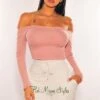 Rose Pink Off Shoulder Lettuce Trim Long Sleeves Crop Top