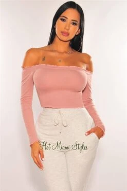 Rose Pink Off Shoulder Lettuce Trim Long Sleeves Crop Top