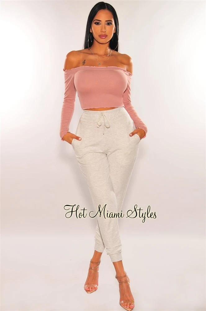 Rose Pink Off Shoulder Lettuce Trim Long Sleeves Crop Top 3 Rose Pink Off Shoulder Lettuce Trim Long Sleeves Crop Top - Image 3