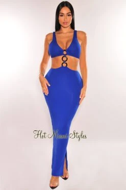 Royal Blue Black O-Ring Sleeveless Cut Out Double Slit Dress
