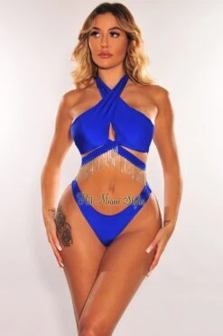 Royal Blue CrissCross Fringe Rhinestone Wrap Around Scrunch Butt Bikini
