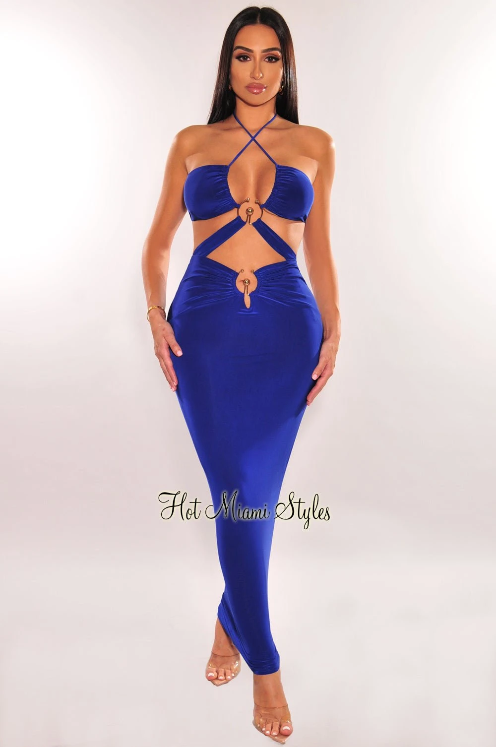 Royal Blue Gold Ring Halter Strappy Cut Out Maxi Dress 1 Royal Blue Gold Ring Halter Strappy Cut Out Maxi Dress