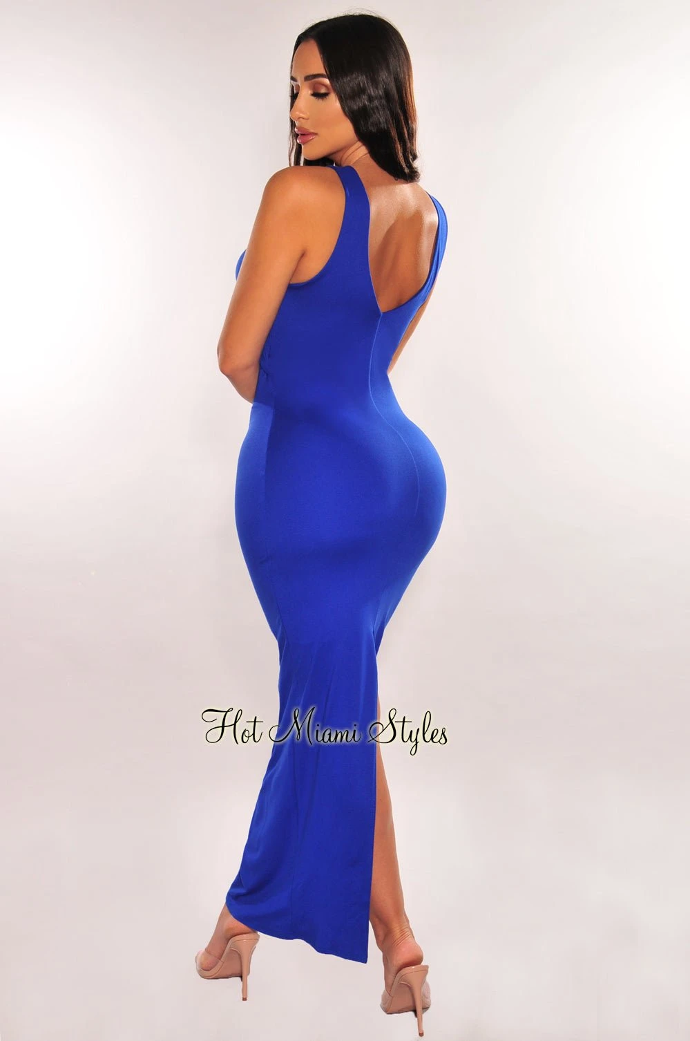 Royal Blue Gold Ring Sleeveless Cut Out Back Slit Dress 2 Royal Blue Gold Ring Sleeveless Cut Out Back Slit Dress - Image 2