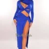 Royal Blue Mock Neck Cut Out Long Sleeve Knotted Slit Dress
