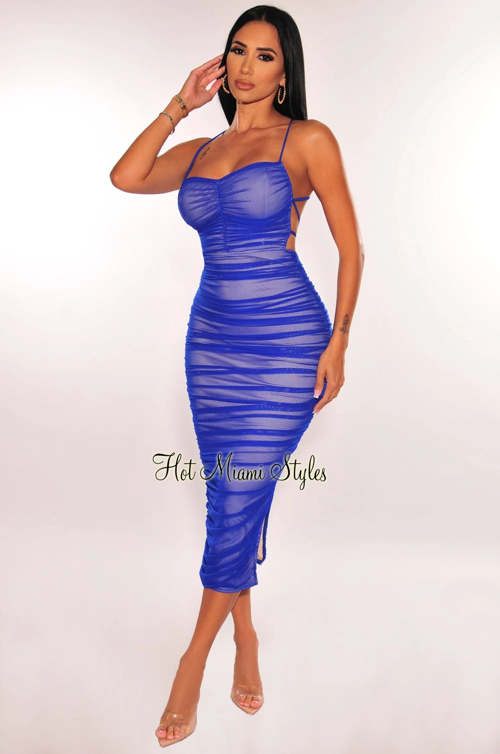 Royal Blue Nude Mesh Lace Up Back Ruched Slit Midi Dress 1 Royal Blue Nude Mesh Lace Up Back Ruched Slit Midi Dress