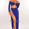Royal Blue Off Shoulder O-Ring Cut Out Long Sleeves Slit Maxi Dress