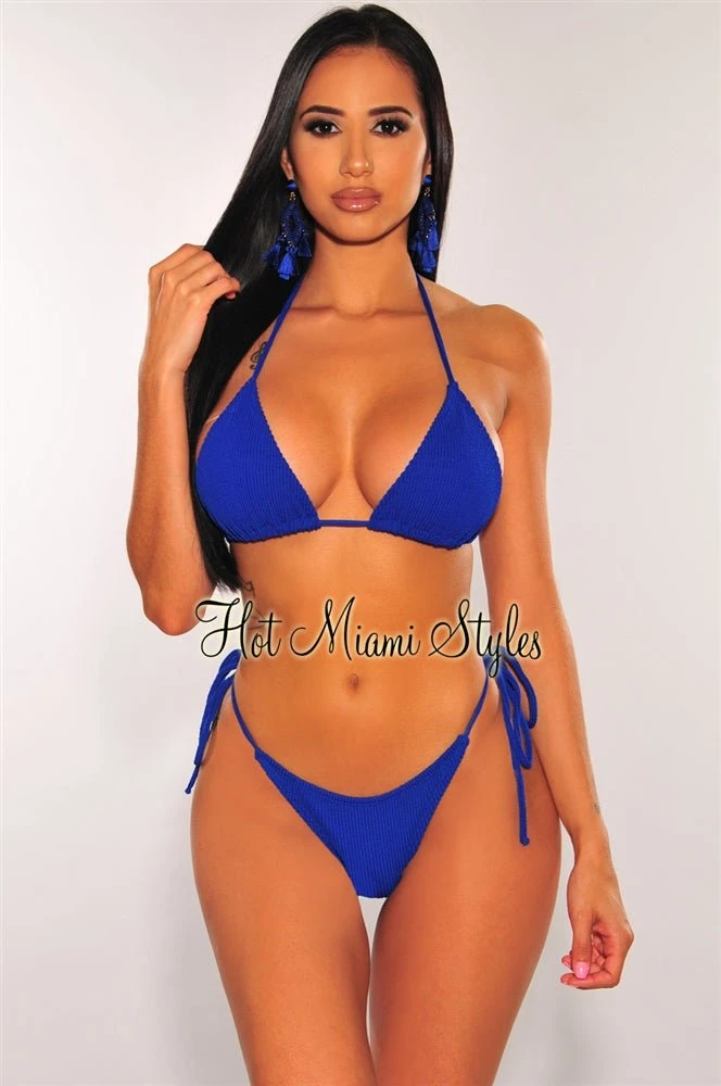 Royal Blue Ribbed Triangle Adjustable Thong Bikini 1 Royal Blue Ribbed Triangle Adjustable Thong Bikini