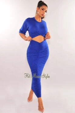 Royal Blue Short Sleeve Cut Out Ruched Maxi Dress