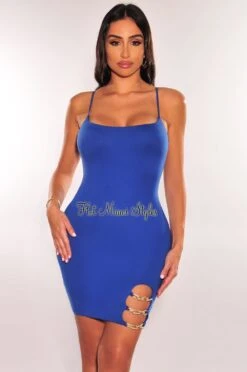 Royal Blue Spaghetti Straps Gold Chain Mini Dress