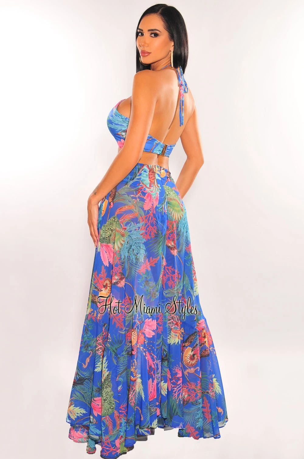 Royal Blue Tropical Print Padded Cut Out Mermaid Maxi Dress 2 Royal Blue Tropical Print Padded Cut Out Mermaid Maxi Dress - Image 2