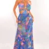 Royal Blue Tropical Print Padded Cut Out Mermaid Maxi Dress