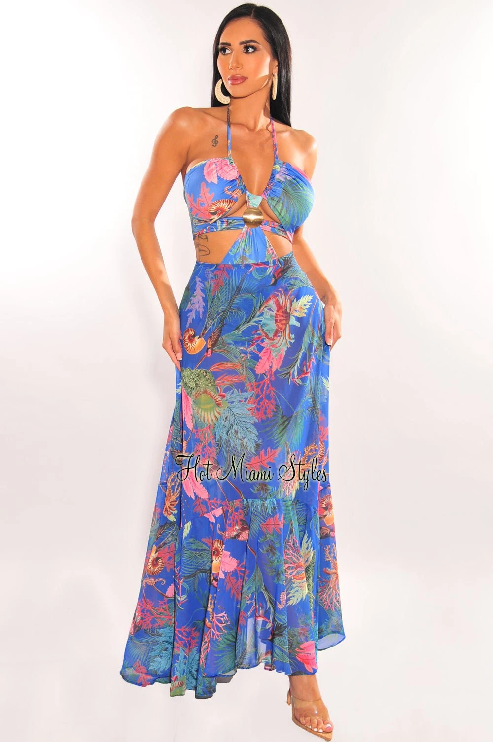 Royal Blue Tropical Print Padded Cut Out Mermaid Maxi Dress 1 Royal Blue Tropical Print Padded Cut Out Mermaid Maxi Dress