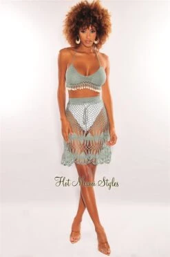 Sage Crochet Halter Cowrie Shells Skirt Two Piece Set Cover Up -Miamis Style Shop sage crochet halter cowrie shells skirt two piece set cover up hot miami styles 866103