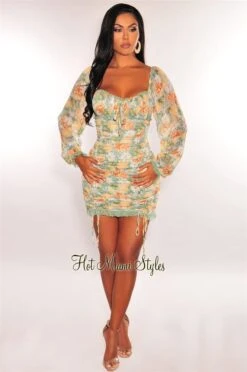 Sage Floral Print Mesh Ruched Ruffle Laced Hem Dress -Miamis Style Shop sage floral print mesh ruched ruffle laced hem dress hot miami styles 120946