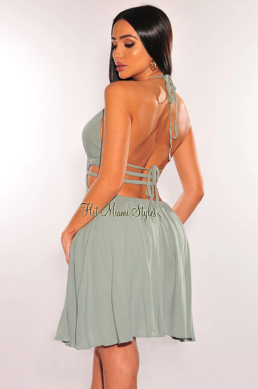 Sage Halter V Neck Strappy Back Babydoll Dress 2 Sage Halter V Neck Strappy Back Babydoll Dress - Image 2