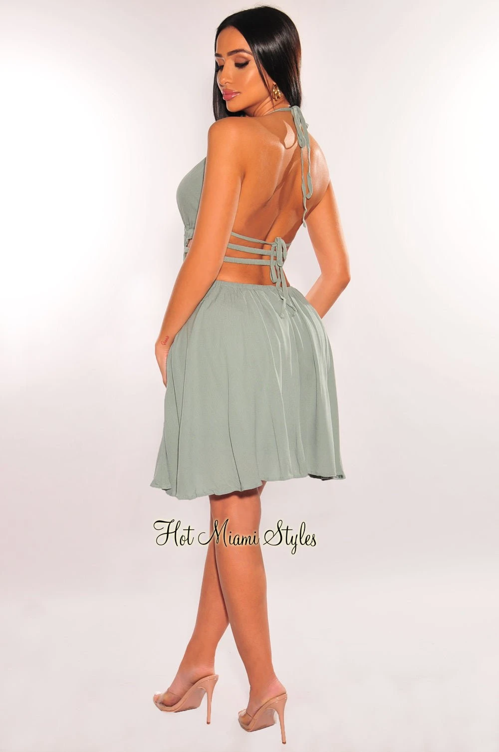 Sage Halter V Neck Strappy Back Babydoll Dress 4 Sage Halter V Neck Strappy Back Babydoll Dress - Image 4