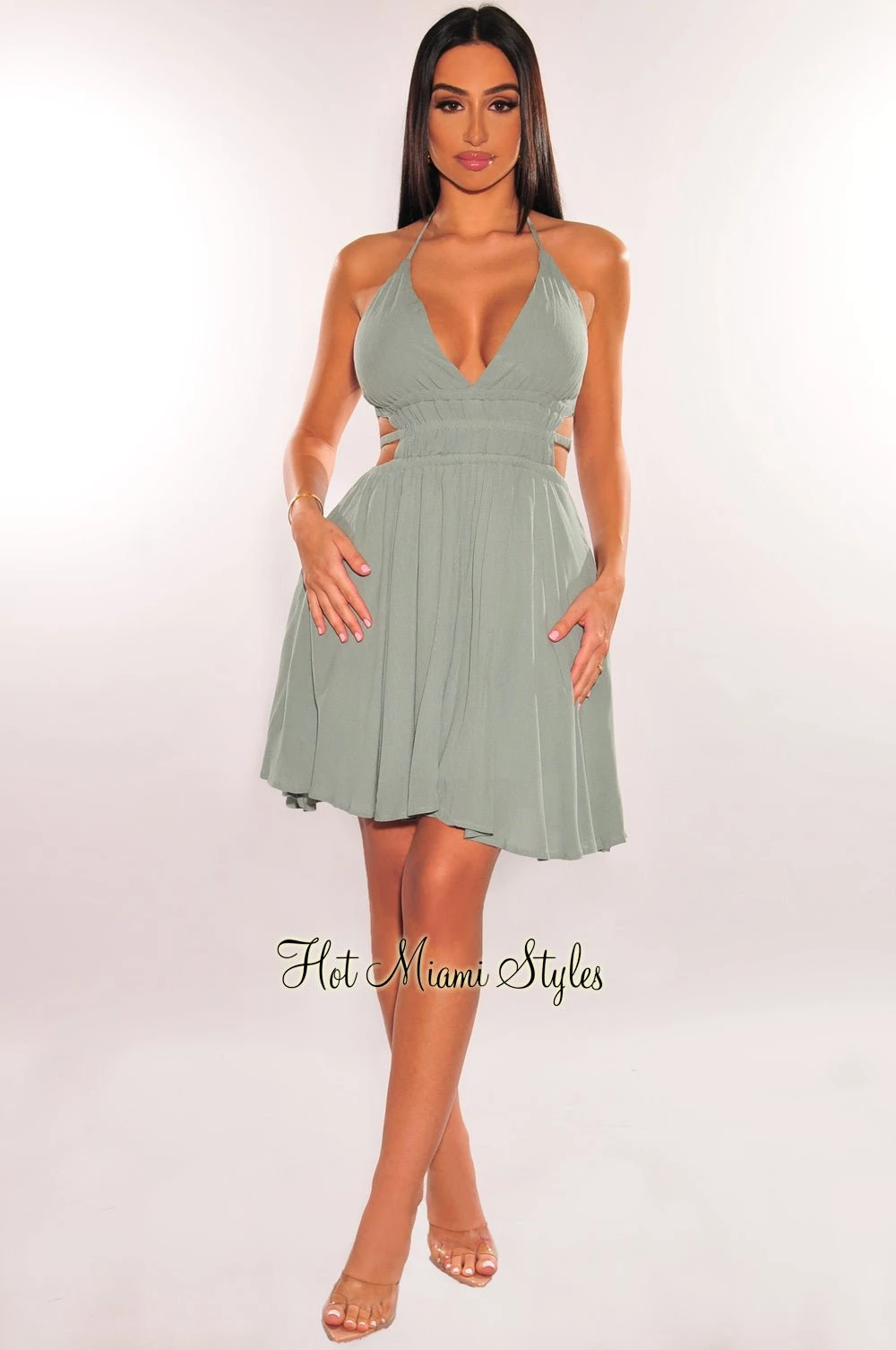 Sage Halter V Neck Strappy Back Babydoll Dress 3 Sage Halter V Neck Strappy Back Babydoll Dress - Image 3