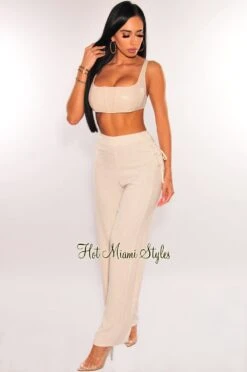 Sand Linen High Waist Lace Up Wide Leg Palazzo Pants