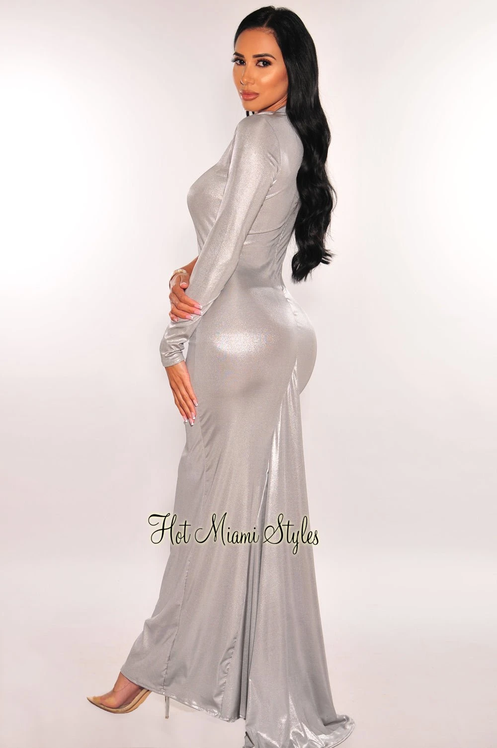 Silver Chrome Metallic Latex Mock Neck One Sleeve Cut Out Train Gown 2 Silver Chrome Metallic Latex Mock Neck One Sleeve Cut Out Train Gown - Image 2