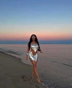 Silver Metallic Chainmail Halter V Hem Crop Top -Miamis Style Shop silver metallic chainmail halter v hem crop top hot miami styles 467562