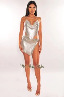 Silver Metallic Chainmail Halter V Hem Crop Top -Miamis Style Shop silver metallic chainmail halter v hem crop top hot miami styles 610749