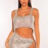 Silver Rhinestone Mesh Chain Crop Top