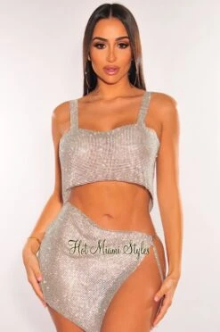 Silver Rhinestone Mesh Chain Crop Top