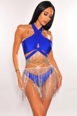 Silver Rhinestone Strap Fringe Skirt Cover Up