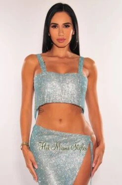 Sky Blue Rhinestone Mesh Chain Crop Top