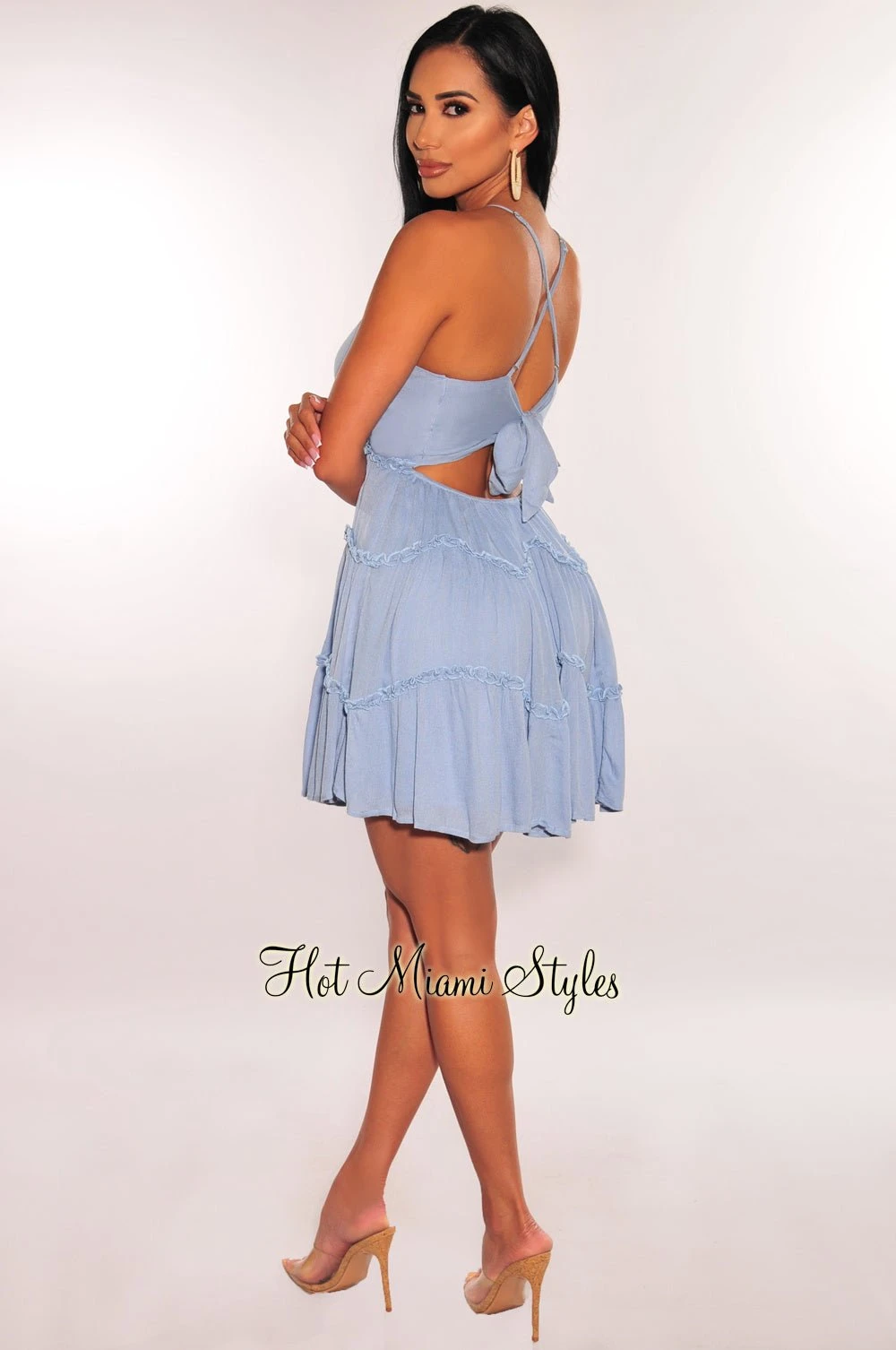 Sky Blue V Neck CrissCross Back Ruffle Babydoll Dress 4 Sky Blue V Neck CrissCross Back Ruffle Babydoll Dress - Image 4