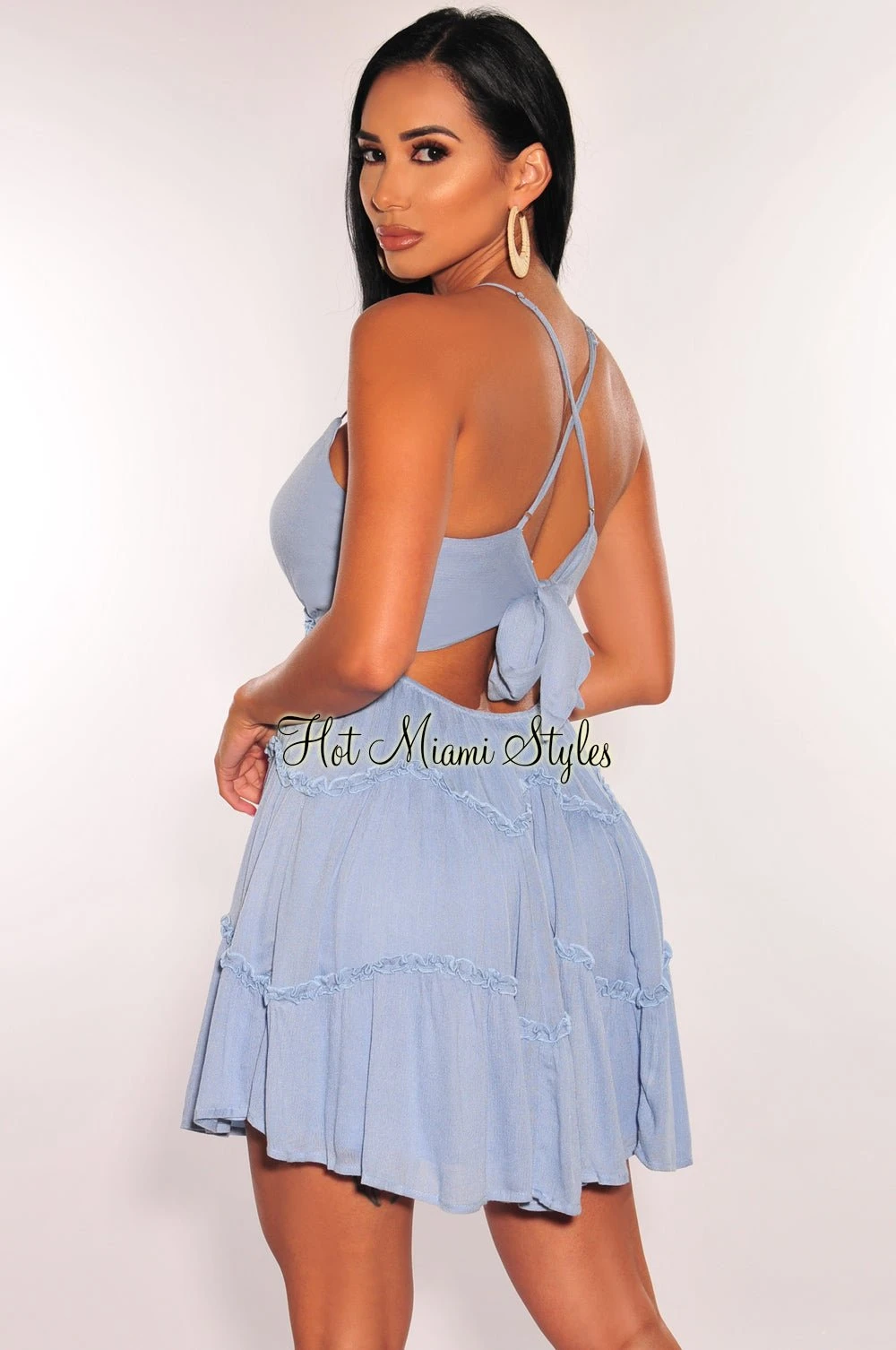 Sky Blue V Neck CrissCross Back Ruffle Babydoll Dress 2 Sky Blue V Neck CrissCross Back Ruffle Babydoll Dress - Image 2