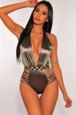 Smoke Halter Rhinestone Strappy Sides Swimsuit