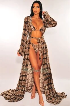 Snake Print Long Sleeves Belted Maxi Cover Up -Miamis Style Shop snake print long sleeves belted maxi cover up hot miami styles 218294