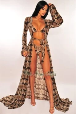 Snake Print Long Sleeves Belted Maxi Cover Up