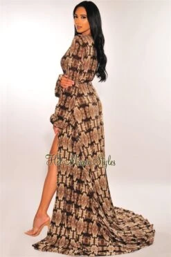 Snake Print Long Sleeves Belted Maxi Cover Up -Miamis Style Shop snake print long sleeves belted maxi cover up hot miami styles 704933