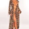 Snake Print Long Sleeves Belted Maxi Cover Up