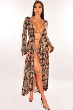 Snake Print Long Sleeves Belted Maxi Cover Up