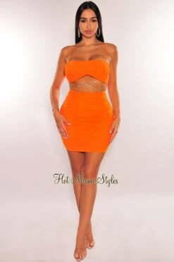 Tangerine Mesh Padded Spaghetti Strap Ruched Cut Out Wrap Around Rhinestone Dress -Miamis Style Shop tangerine mesh padded spaghetti strap ruched cut out wrap around rhinestone dress hot miami styles 716696