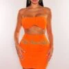 Tangerine Mesh Padded Spaghetti Strap Ruched Cut Out Wrap Around Rhinestone Dress