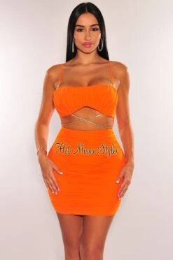 Tangerine Mesh Padded Spaghetti Strap Ruched Cut Out Wrap Around Rhinestone Dress