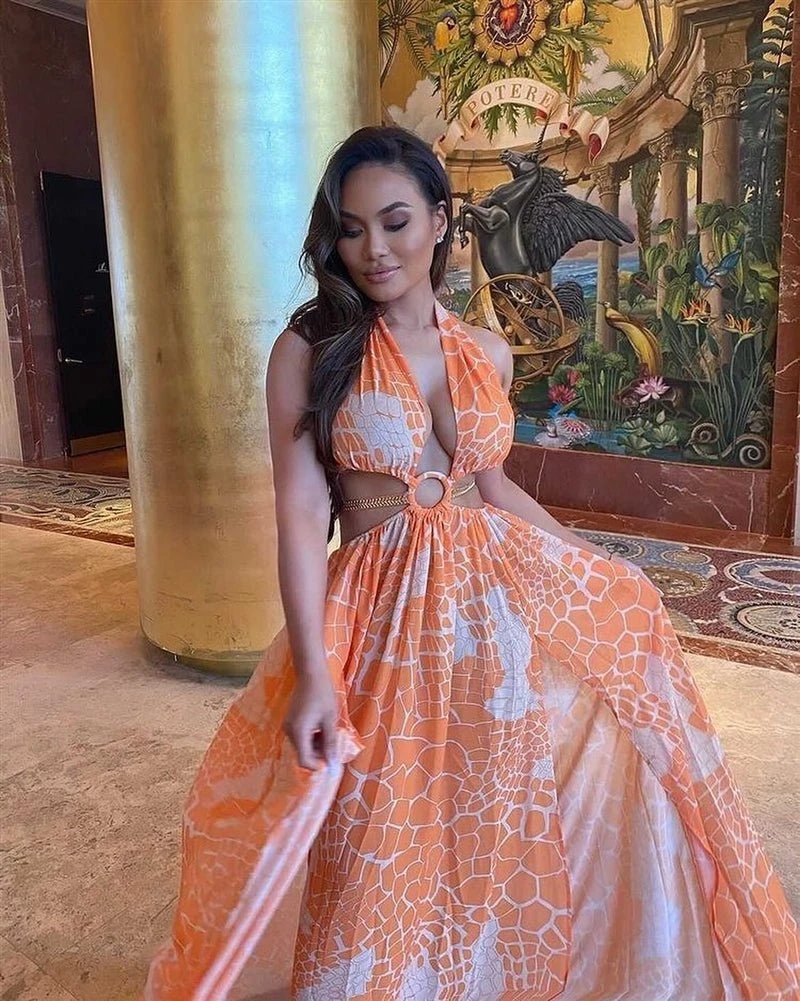 Tangerine Print O-Ring Cut Out Gold Belted Double Slit Maxi Dress 3 Tangerine Print O-Ring Cut Out Gold Belted Double Slit Maxi Dress - Image 3